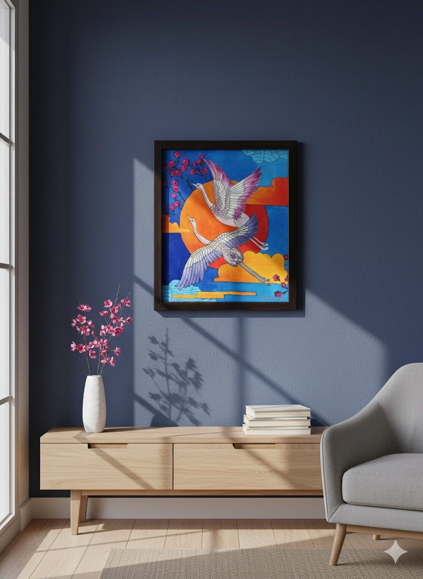 Mockup of Gold Crane Painting in a modern office setting