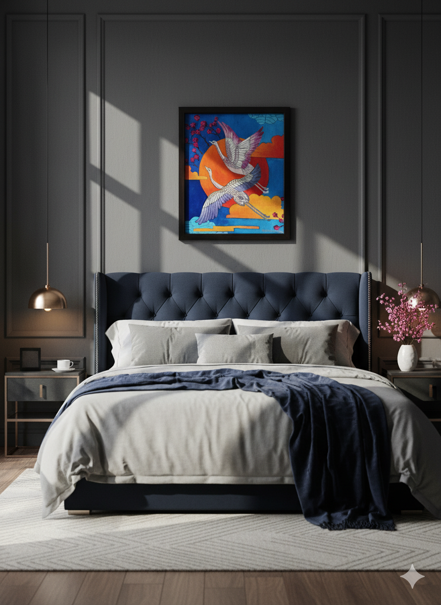 Close-up of the 24K gold accents on the Crane Painting's feathers