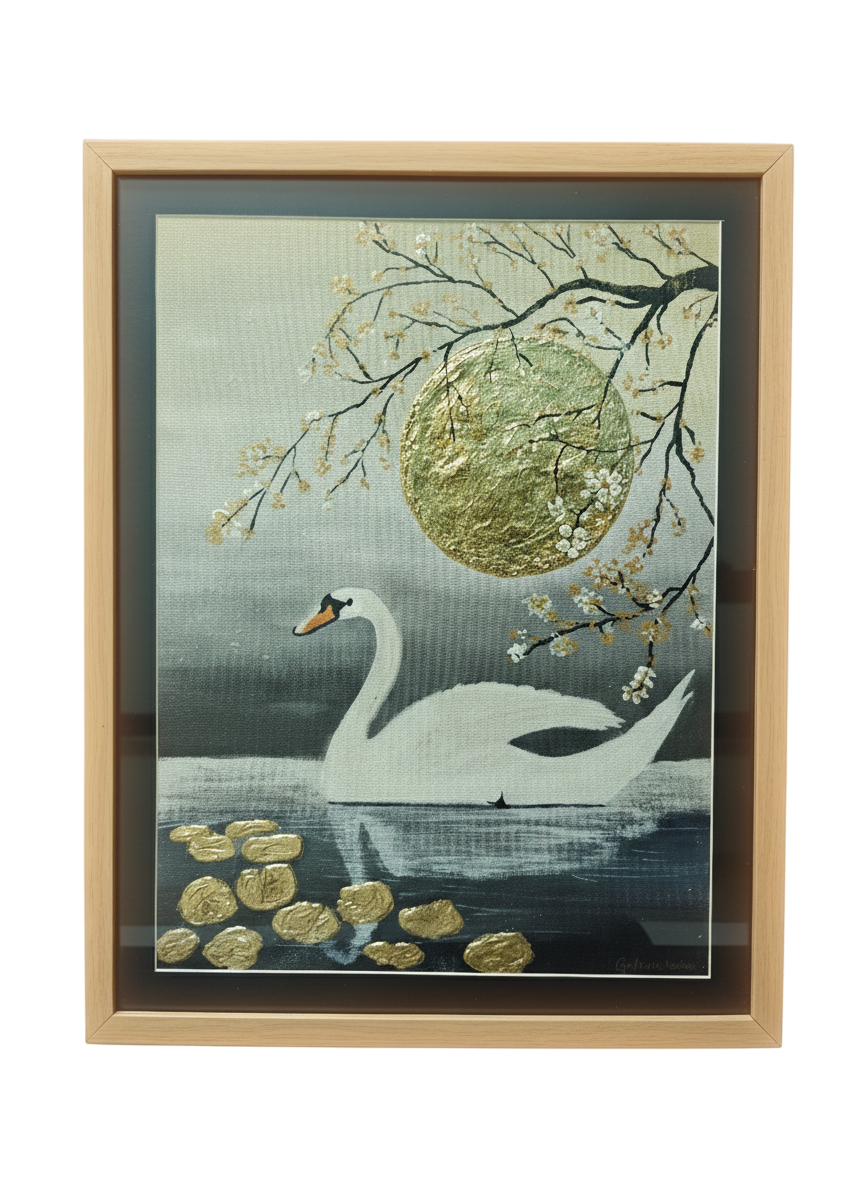 Handcrafted gold leaf painting of a swan on a moonlit lake