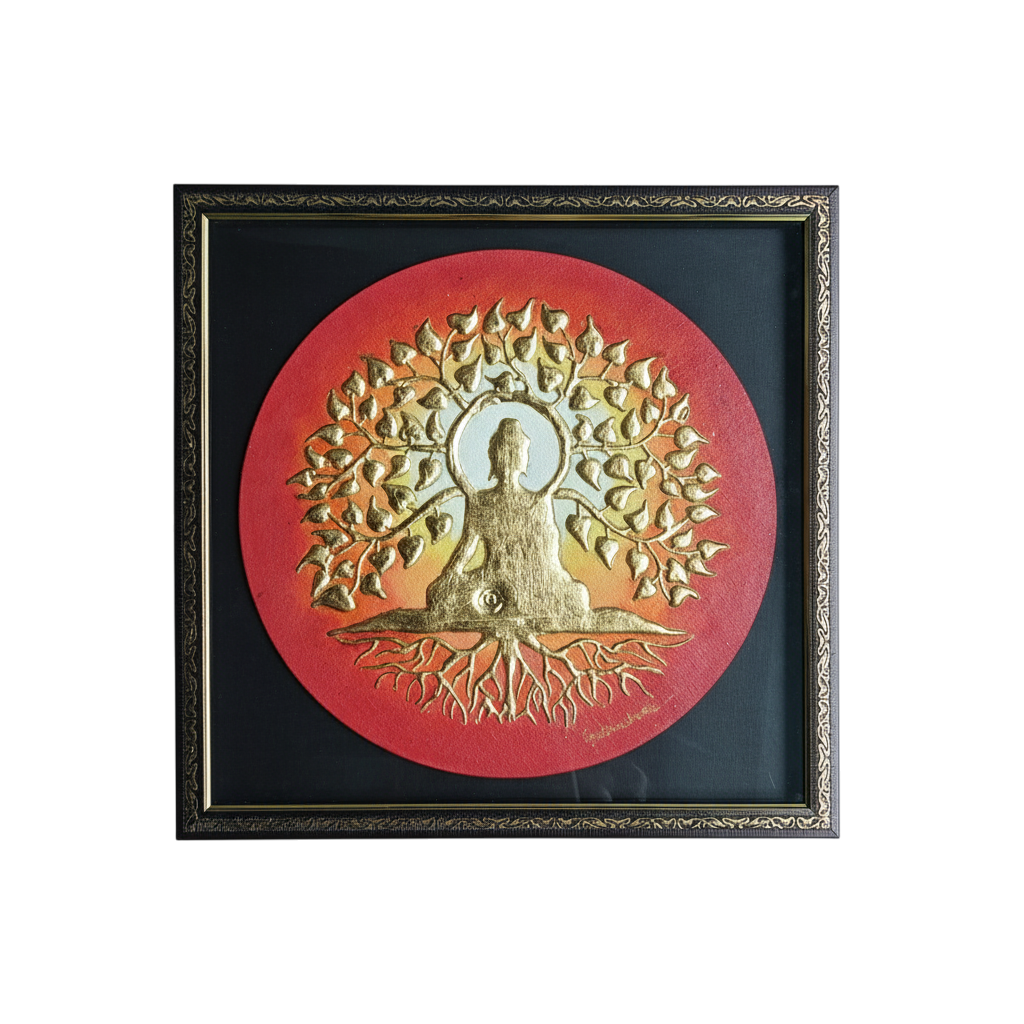 Handcrafted gold leaf painting of Buddha under the Bodhi tree