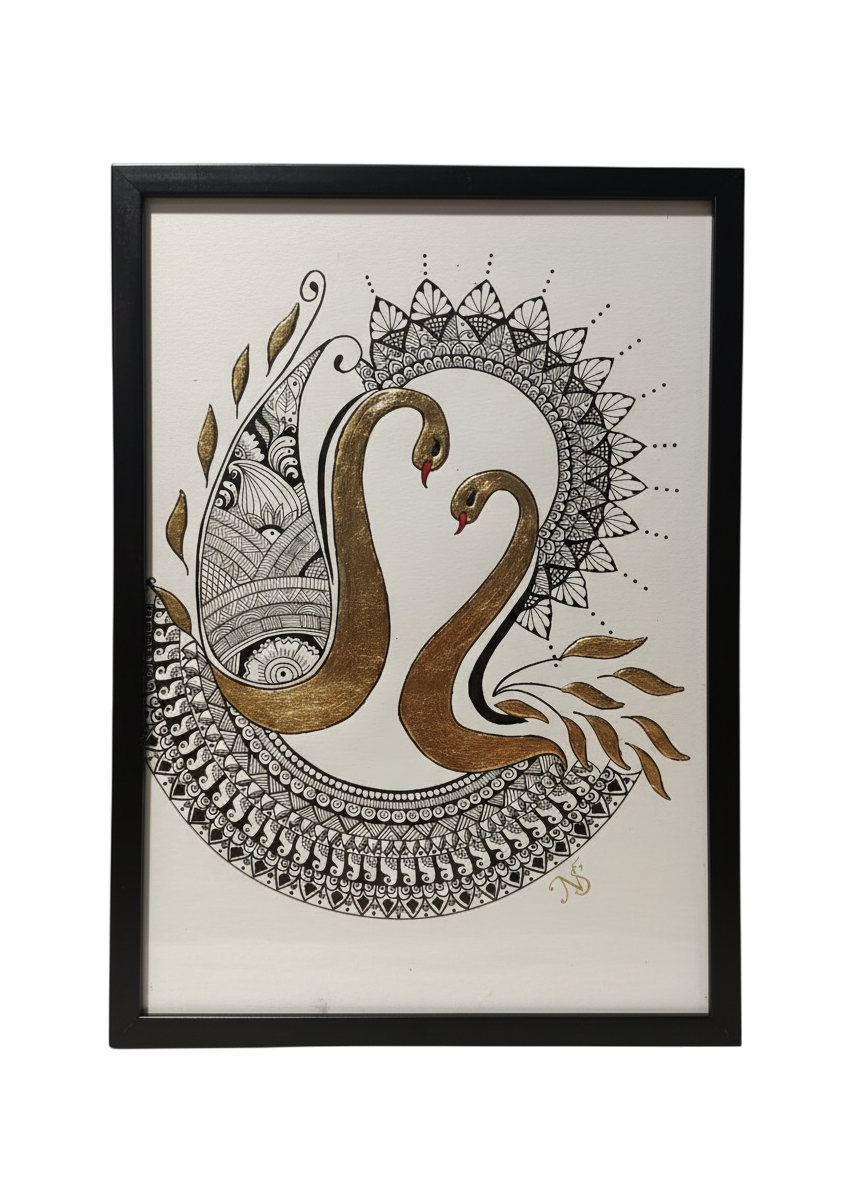 Handcrafted mandala art featuring two swans with 24k gold leaf