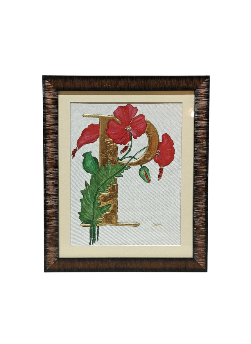 Handcrafted floral monogram letter P with 24k gold leaf