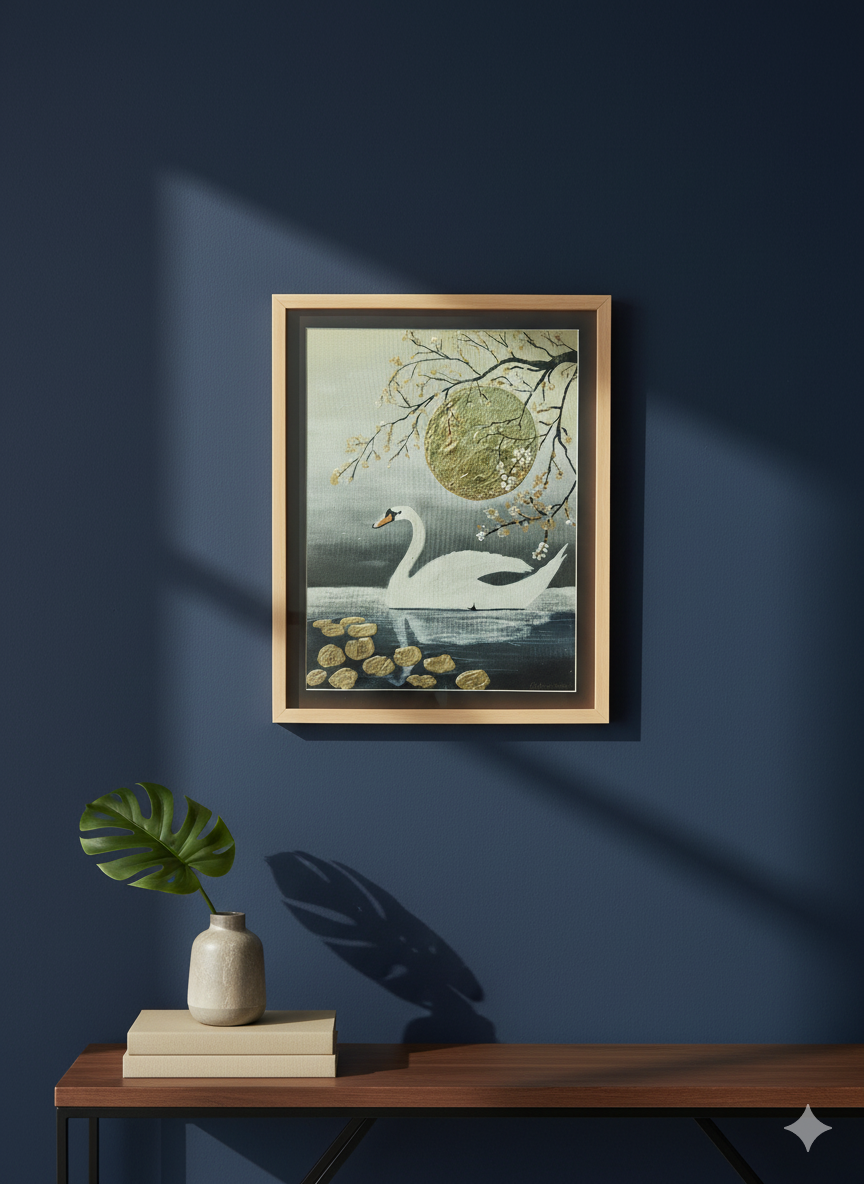 Mockup of Gold Swan Painting hanging in a modern living room