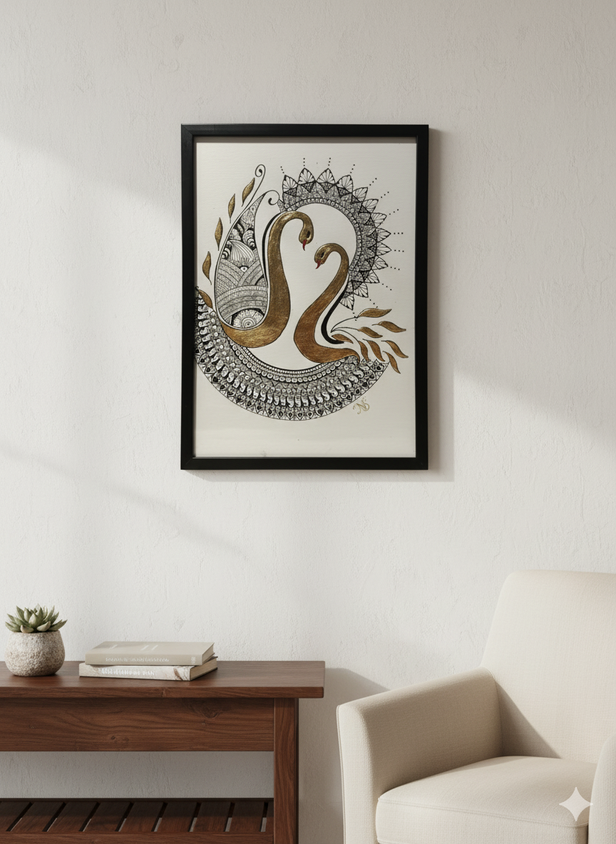 Mockup of Gold Mandala Swans art in a modern home
