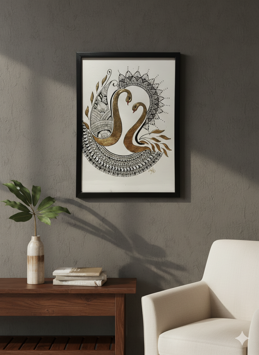 Close-up detail of the intricate mandala and gold leaf work