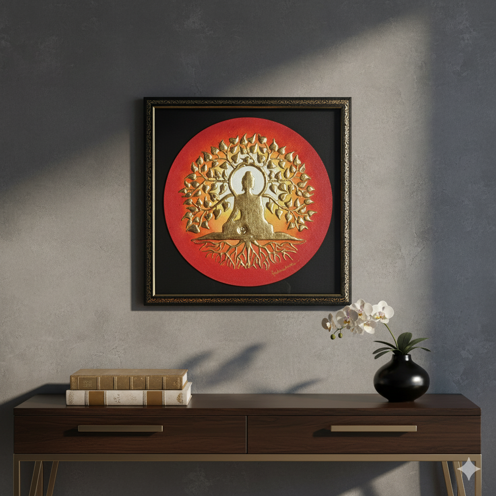 Mockup of Gold Buddha Painting in a serene meditation room