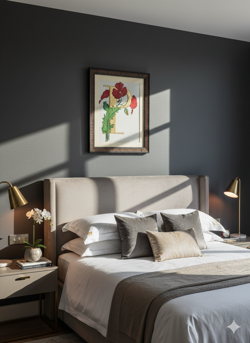 Close-up detail of the watercolor and gold on the Monogram art